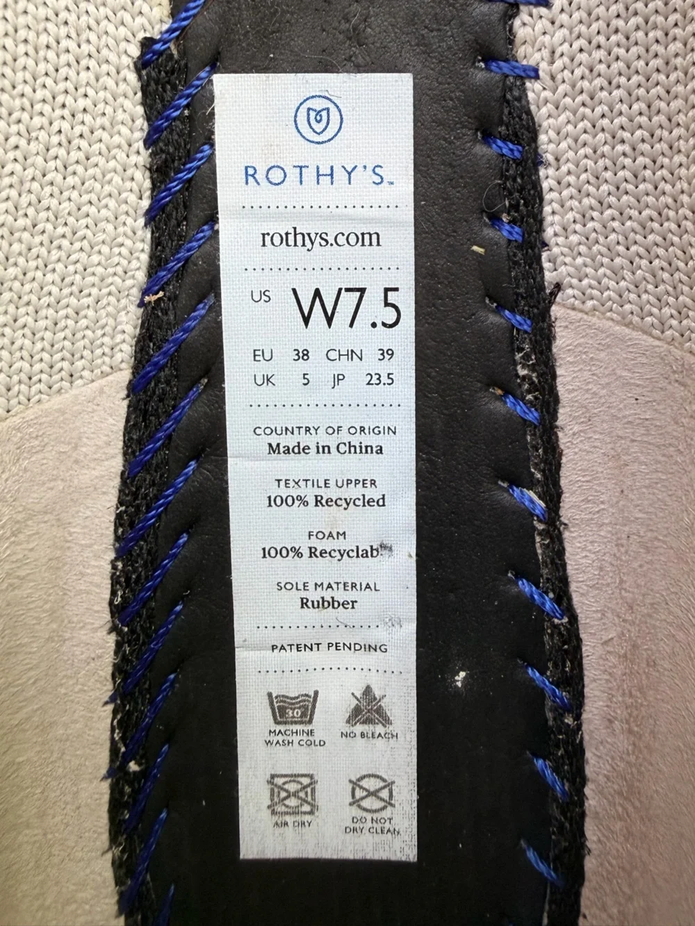 Rothy’s The Flat Flax Light Gray Knit Ballet Flats Blue Halo Trim Size 7.5 EU 38